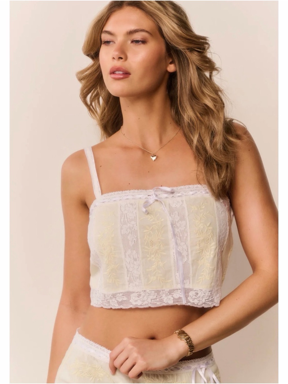 LoveShackFancy Lace-Trimmed Yellow and White Cropped Camisole